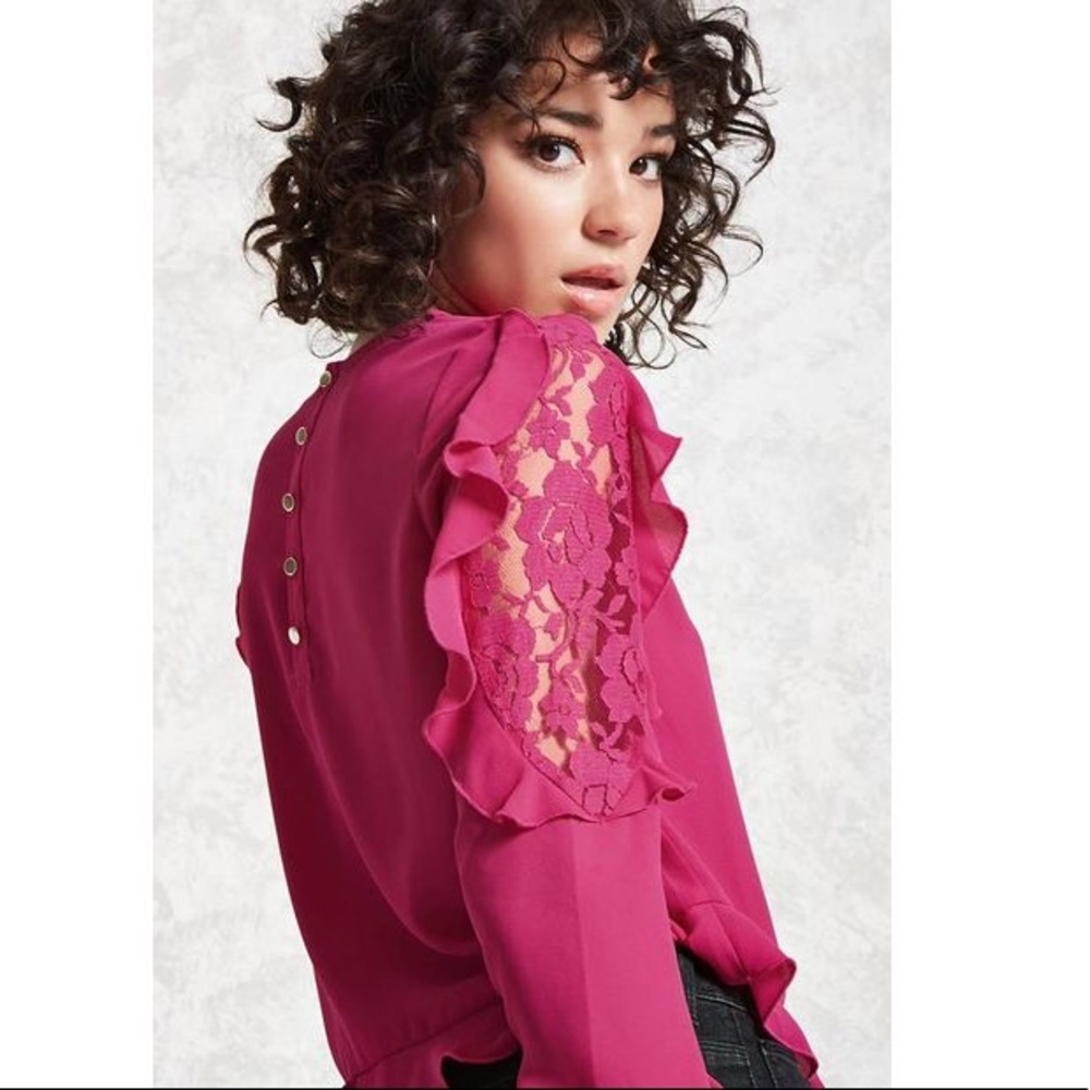 Fuchsia/Pink Lace-Insert Crepe Top/blouse